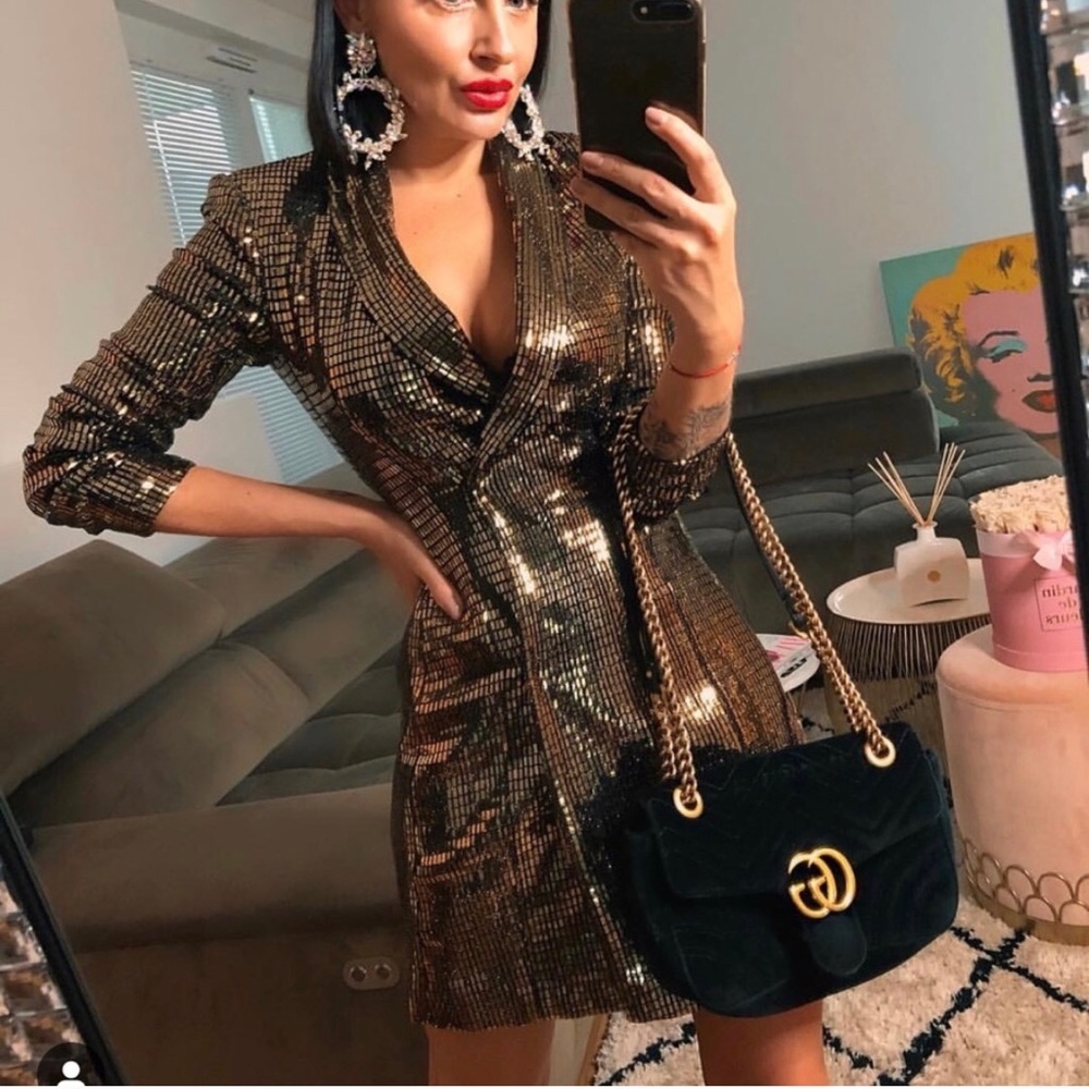 Zara Gold Sequin Blazer Dress XS